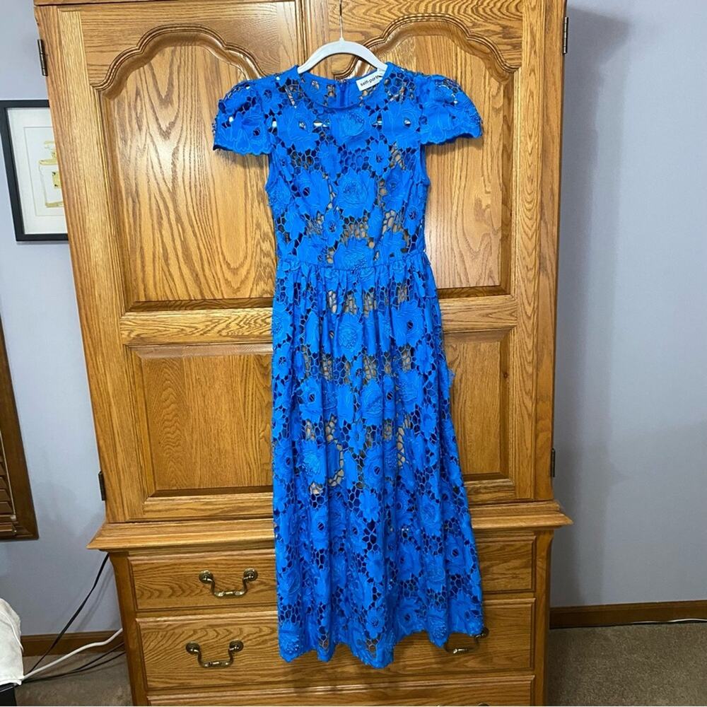 Self-Portrait Blue Poppy Midi Dress Floral Lace Embroidery Women’s Sz 0‎ Chic